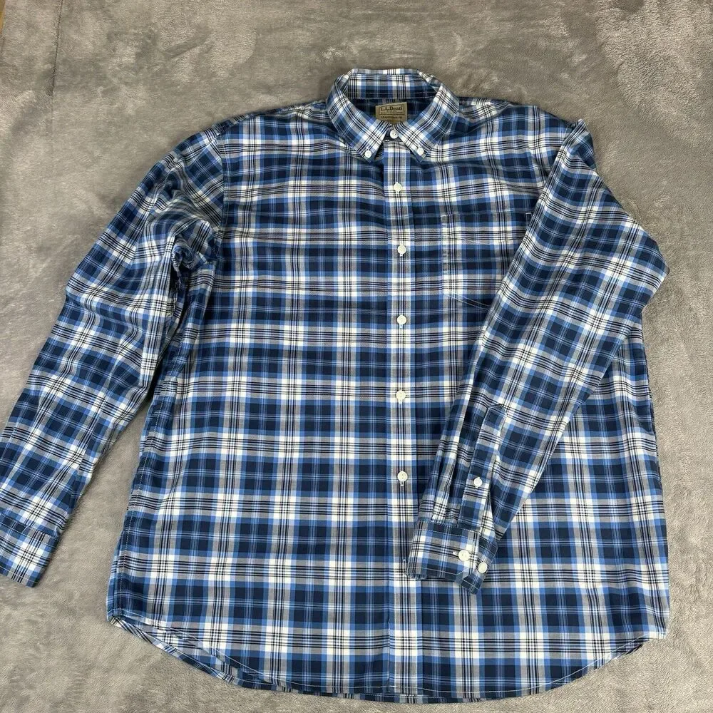 LL Bean Shirt Mens L Blue Plaid Traditional Fit Long Sleeve 500508 Crisp‎ Cotton